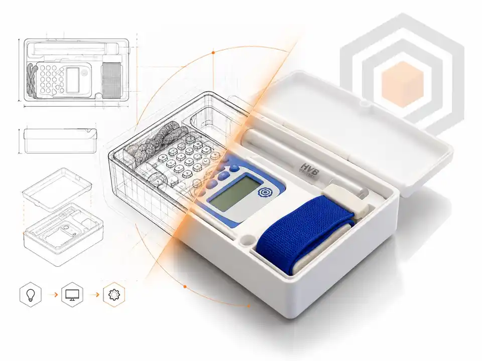 Projeto da caixa HVB apresentado entre desenho técnico e visualização do produto