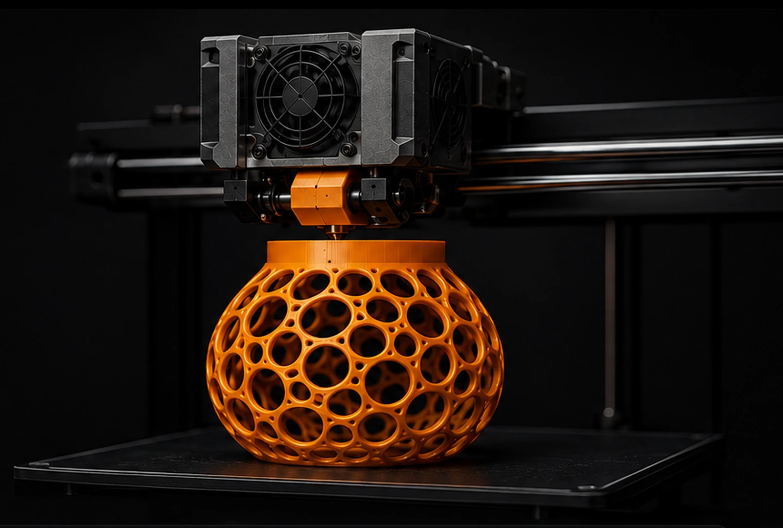 Impressora 3D produzindo uma peça laranja