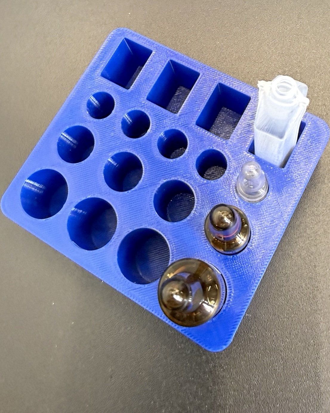 Rack paramétrico azul da BESKEL LAB com ampolas e cubeta acomodadas